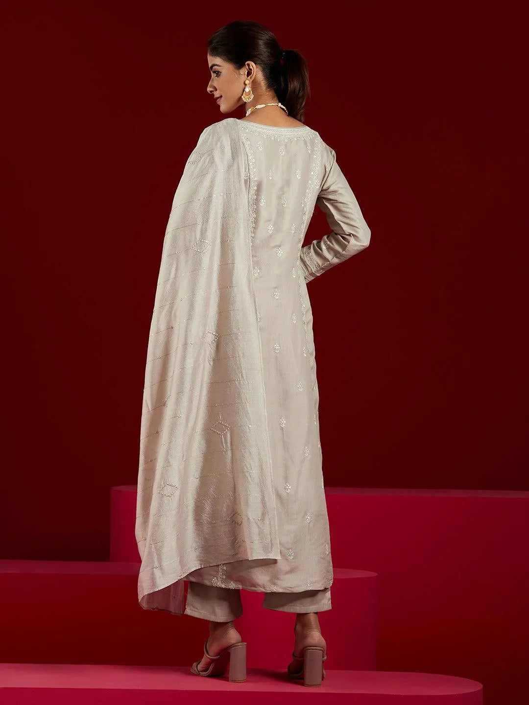 Libas Art Taupe Embroidered Silk Blend A-Line Kurta With Trousers & Dupatta - Libas 