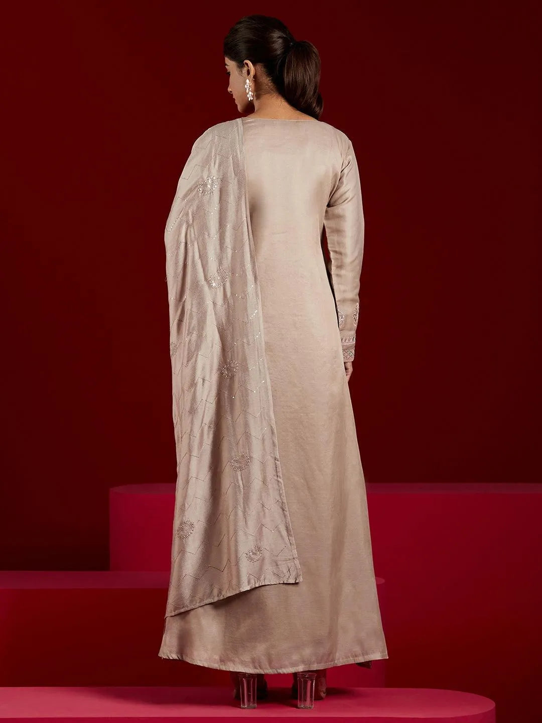 Libas Art Taupe Embroidered Silk Blend A-Line Kurta With Trousers & Dupatta - Libas 
