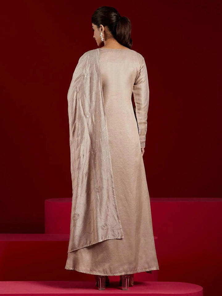 Libas Art Taupe Embroidered Silk Blend A-Line Kurta With Trousers & Dupatta - Libas