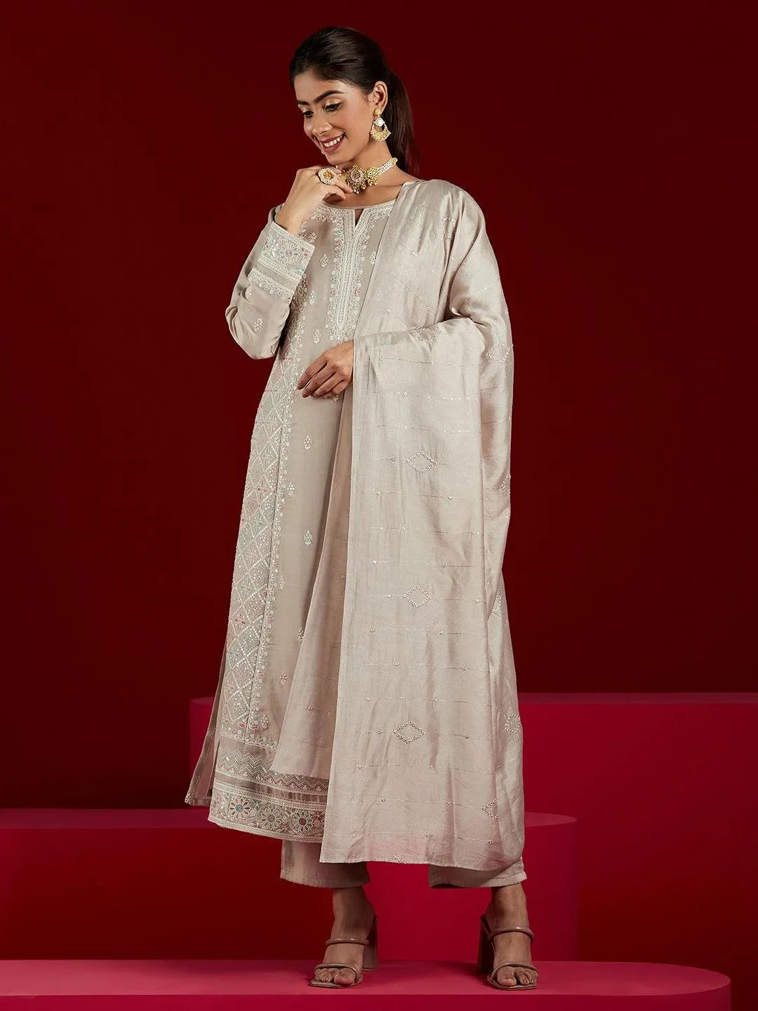 Libas Art Taupe Embroidered Silk Blend A-Line Kurta With Trousers & Dupatta - Libas