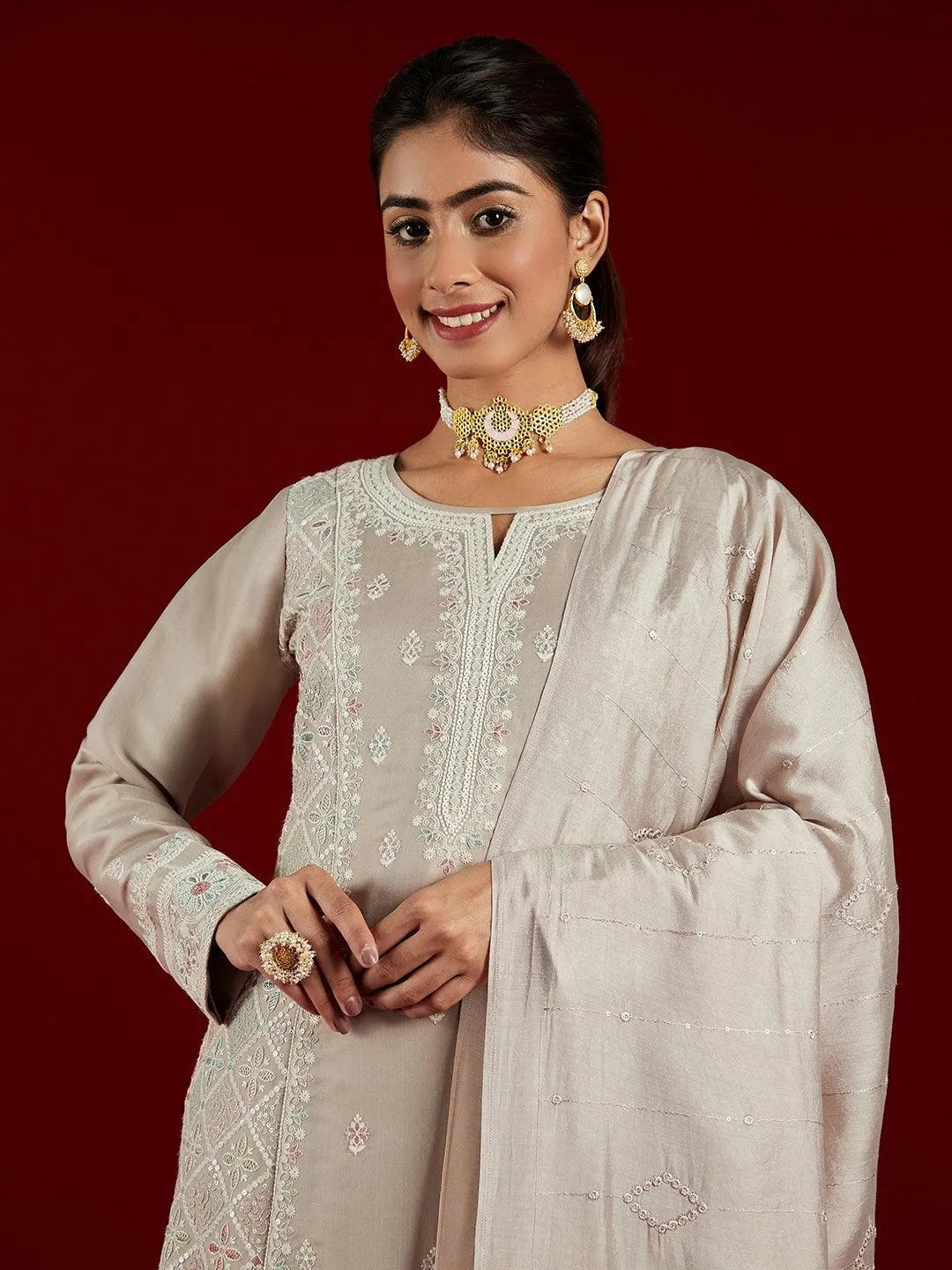 Libas Art Taupe Embroidered Silk Blend A-Line Kurta With Trousers & Dupatta - Libas 