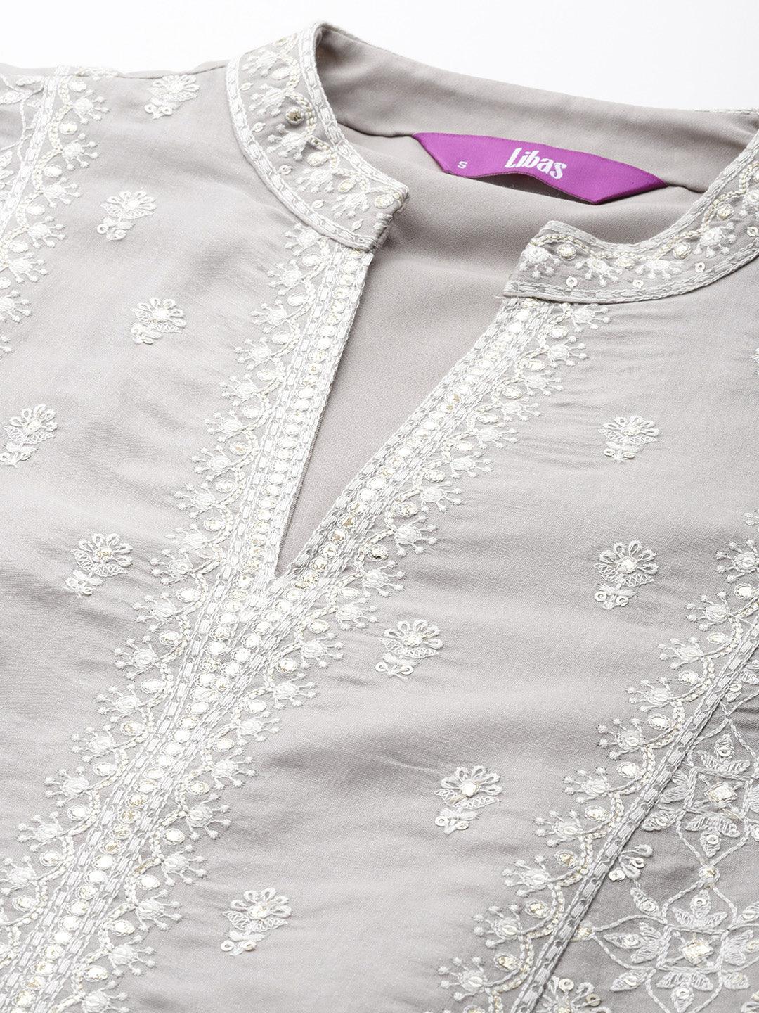 Libas Art Taupe Embroidered Silk Blend A-Line Kurta With Trousers & Dupatta - Libas