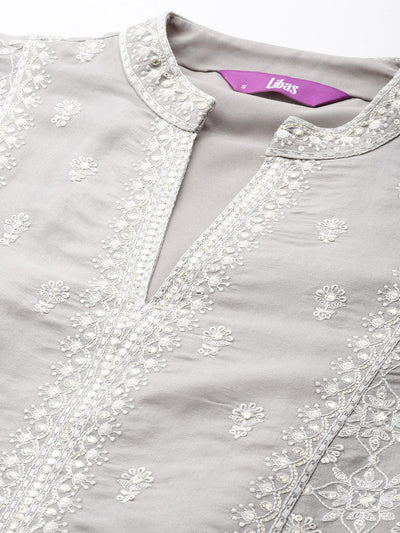Libas Art Taupe Embroidered Silk Blend A-Line Kurta With Trousers & Dupatta - Libas