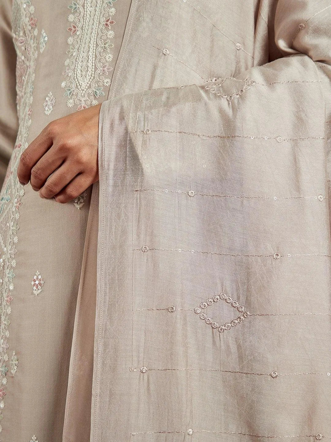 Libas Art Taupe Embroidered Silk Blend A-Line Kurta With Trousers & Dupatta - Libas 