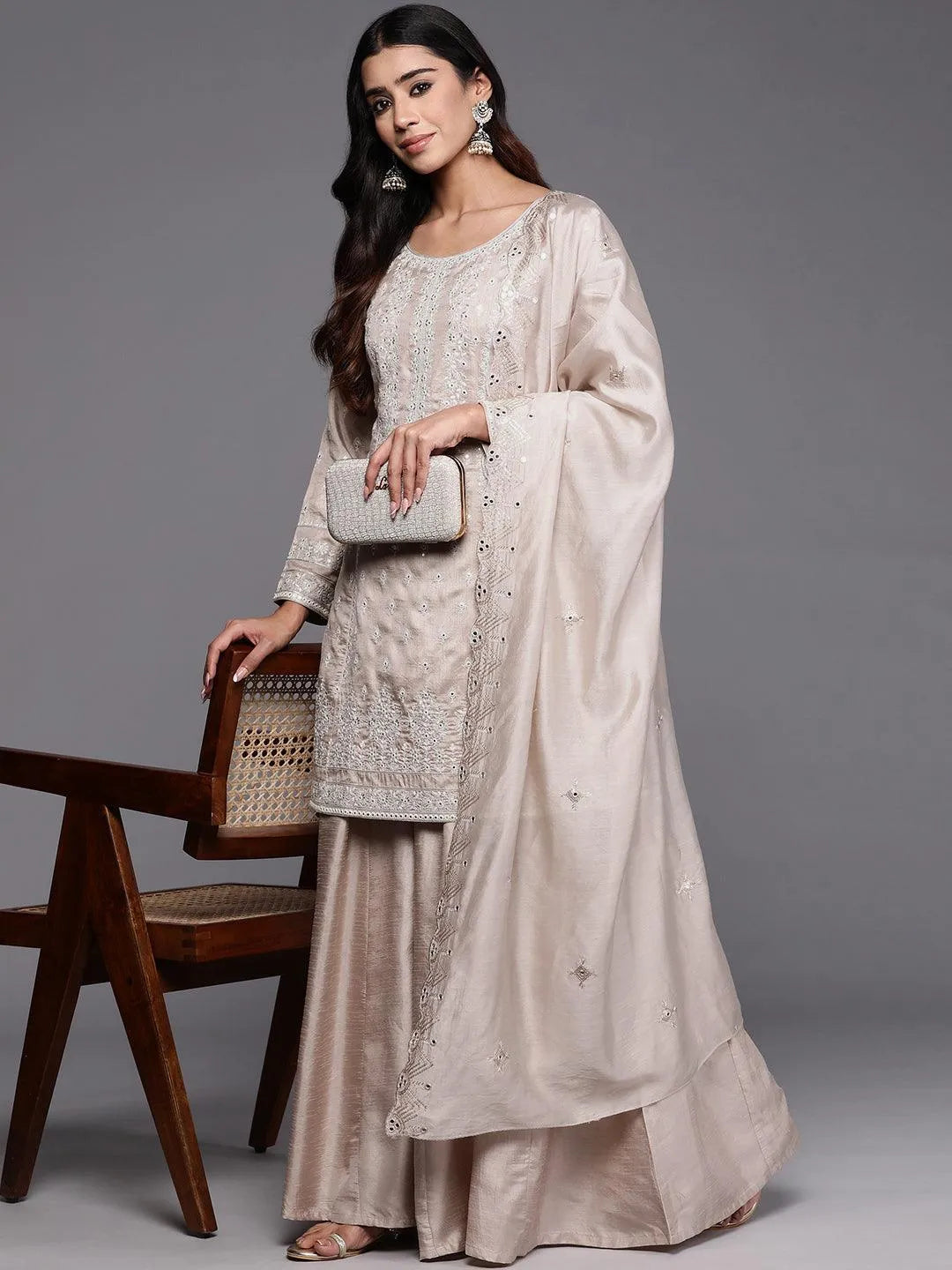 Libas Art Red Embroidered Silk Blend A-Line Suit With Dupatta main image 0