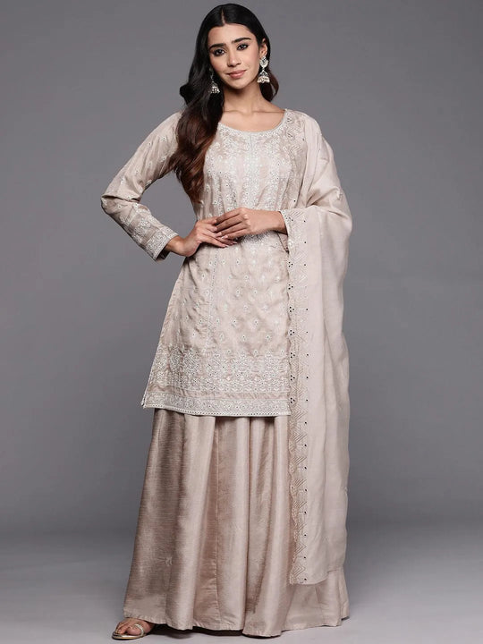 Libas Art Mustard Embroidered Silk Blend A-Line Suit Set With Dupatta