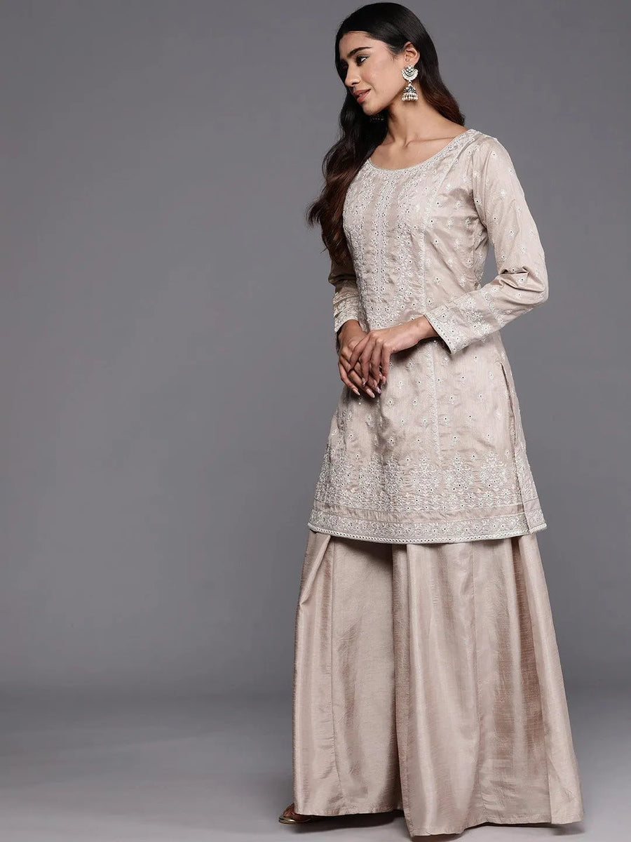 Libas Art Taupe Solid Georgette Straight Suit With Dupatta