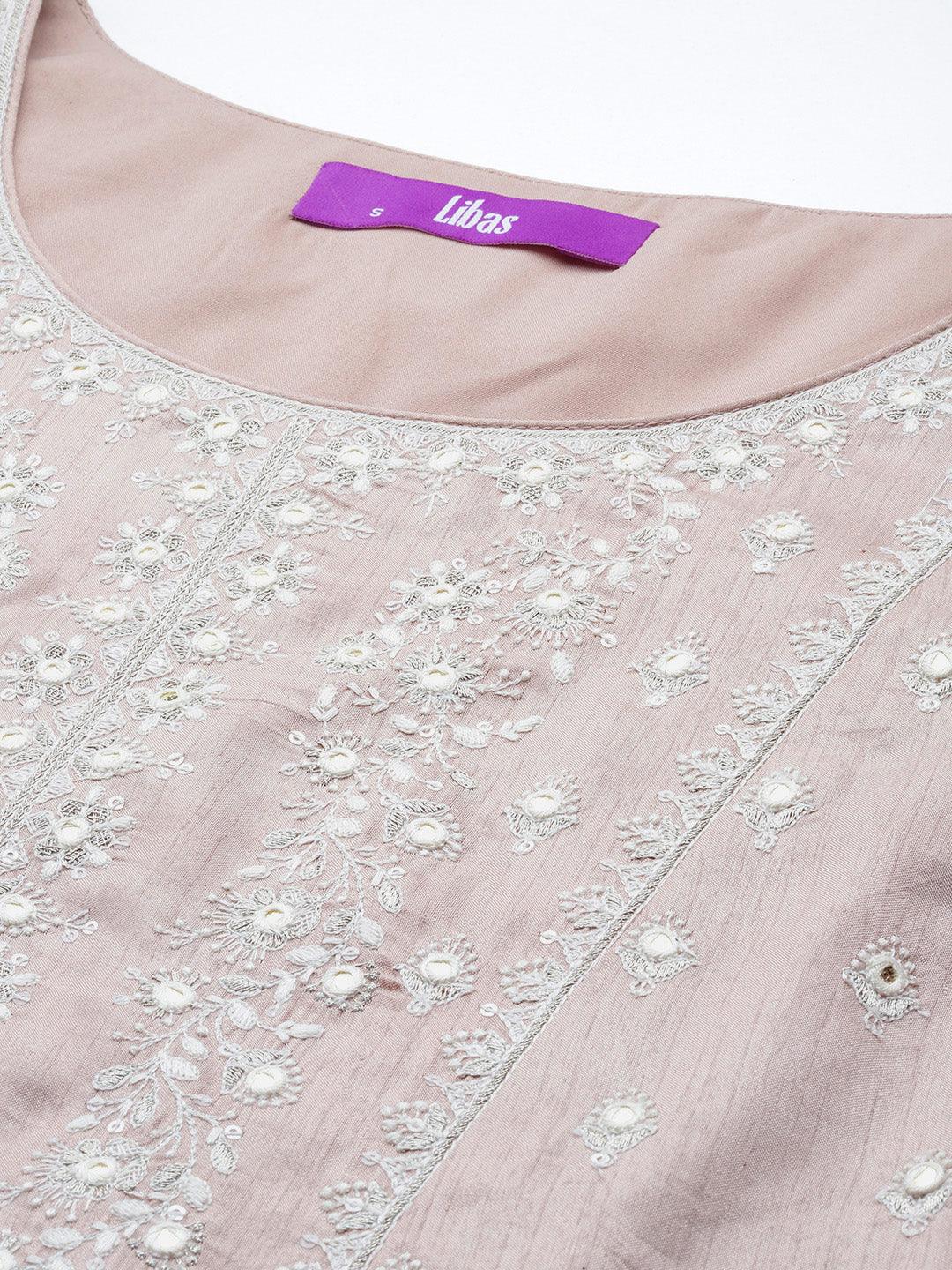 Libas Art Taupe Embroidered Silk Blend Pakistani Suit