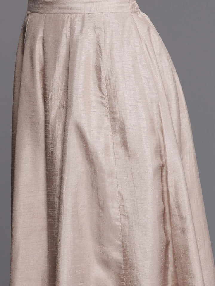 Libas Art Taupe Embroidered Silk Blend Straight Kurta With Palazzos & Dupatta - Libas