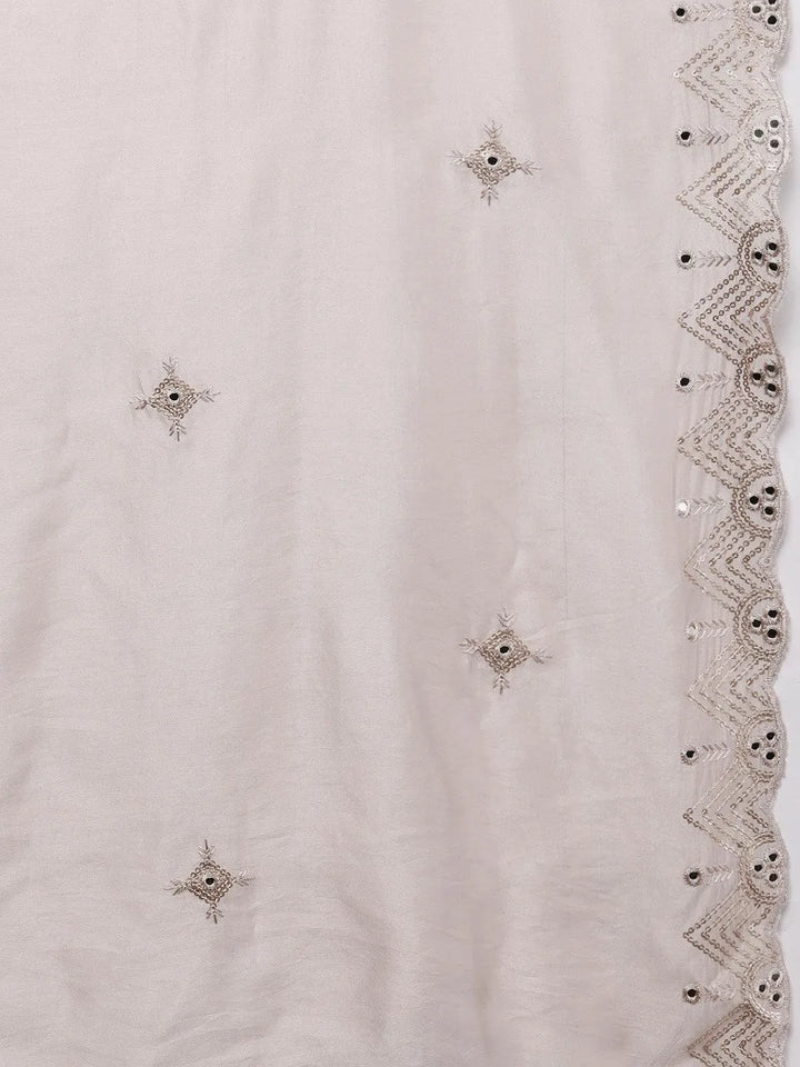 Libas Art Taupe Embroidered Silk Blend Straight Kurta With Palazzos & Dupatta - Libas