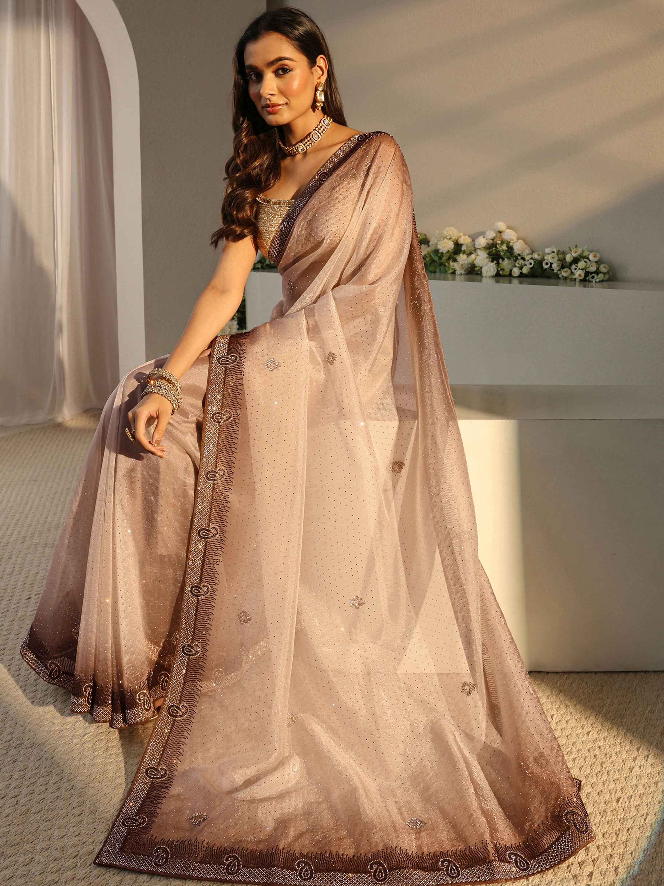 Libas Art Taupe Paisley Embellished Tissue Saree With Unstitched Blouse Piece-picture-55