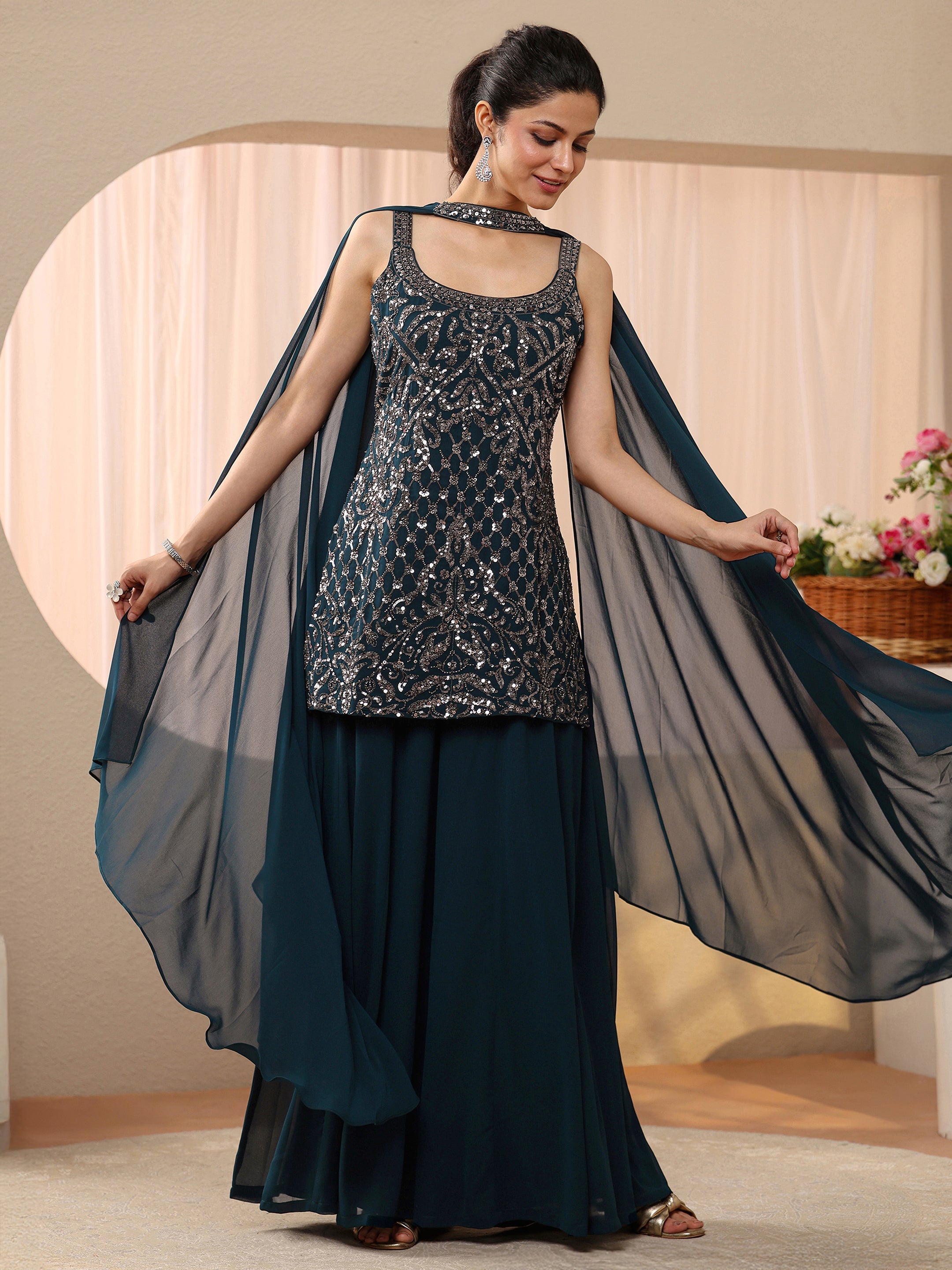 Libas Art Teal Blue Sequin Embellished Georgette Palazzo Suit Set-image-22