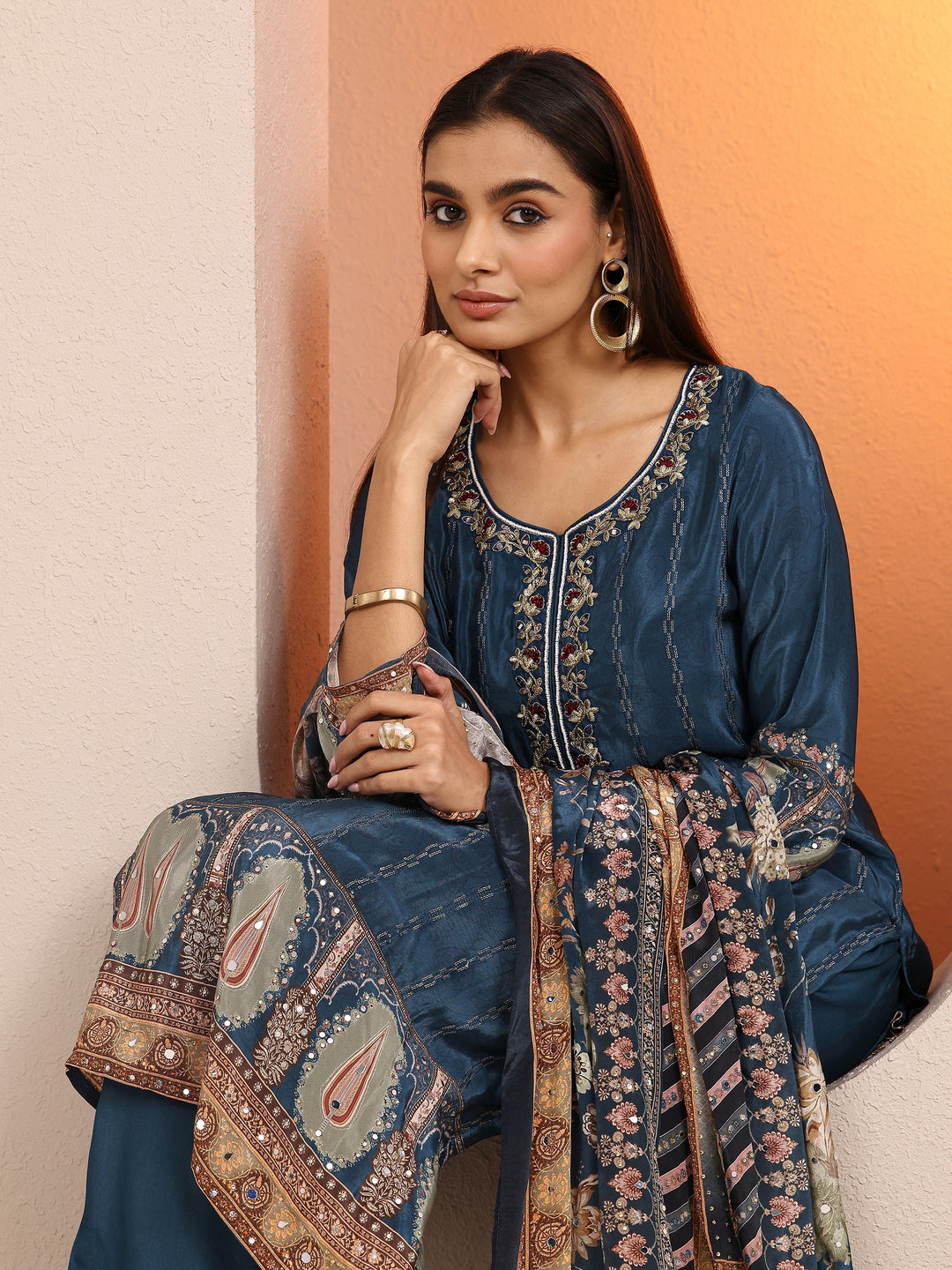 Libas Art Teal Embroidered Crepe Straight Suit Set With Dupatta