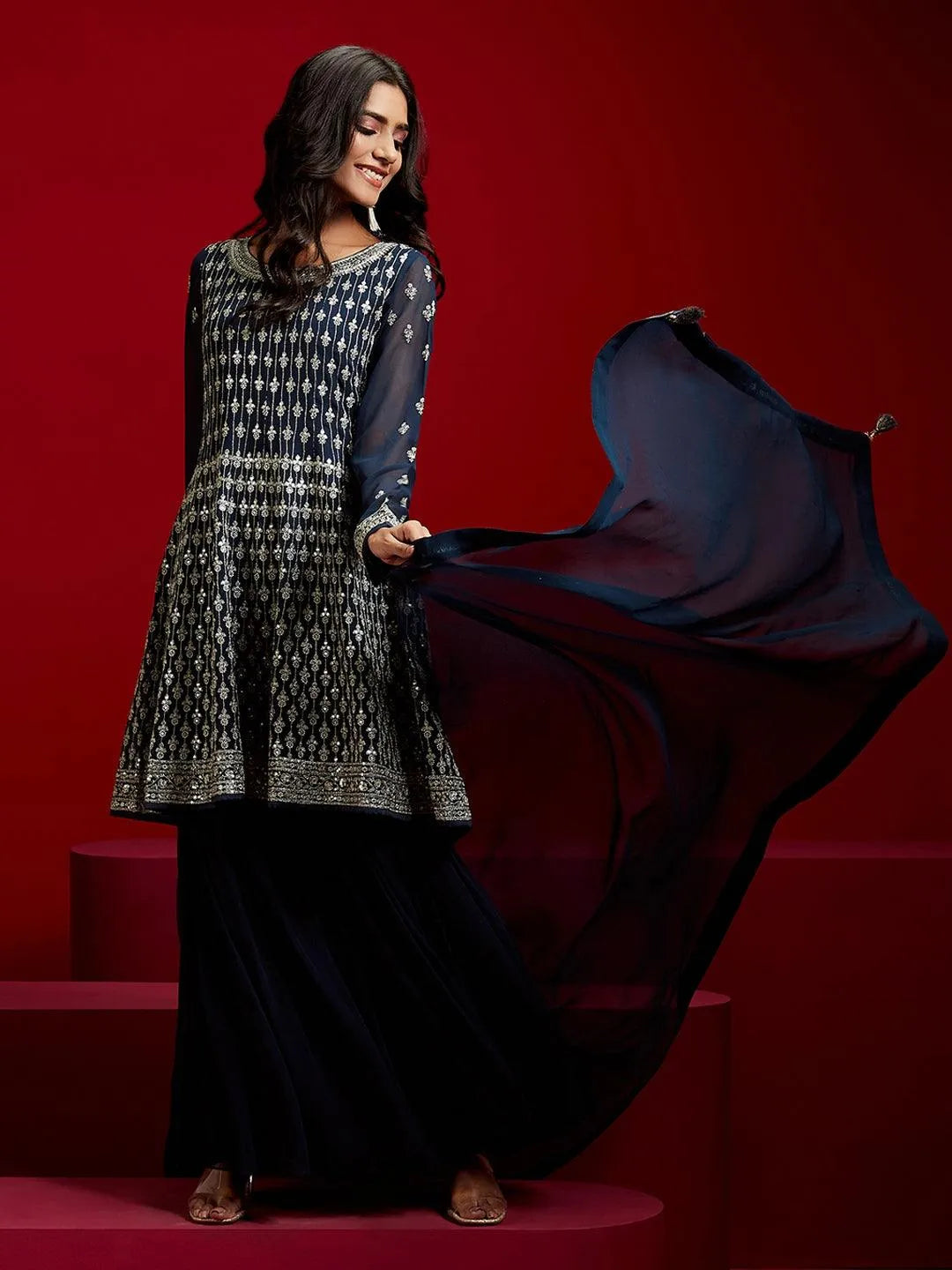 Libas Art Teal Embroidered Georgette A-Line Kurta With Sharara & Dupatta - Libas