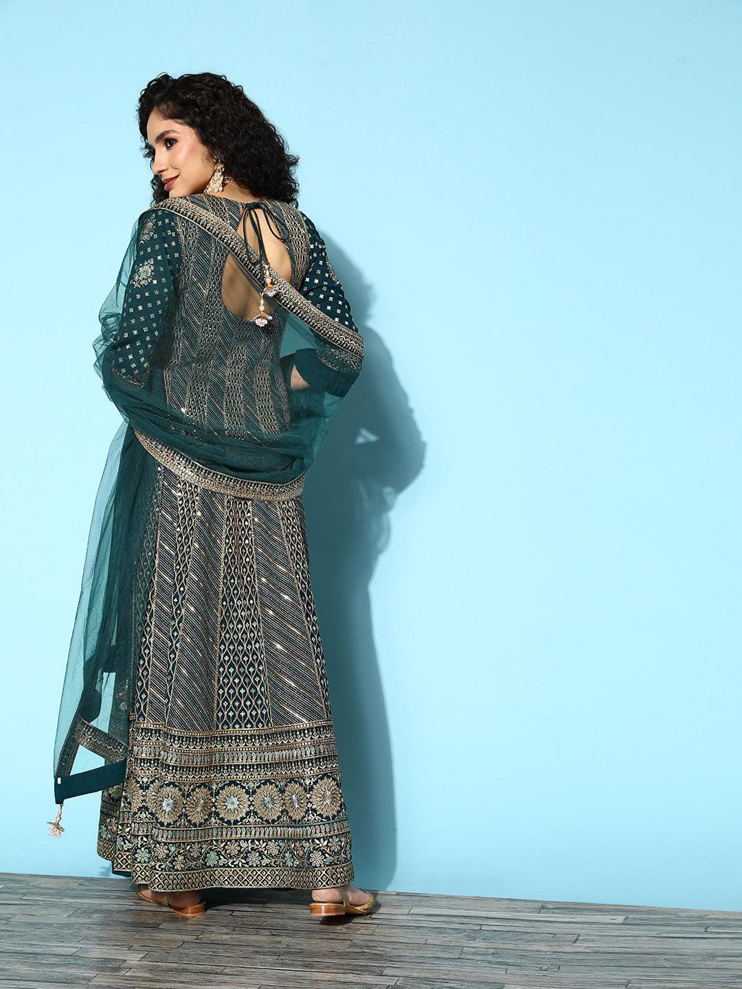 

Libas Art Teal Embroidered Georgette A-Line Suit Set With Palazzos
