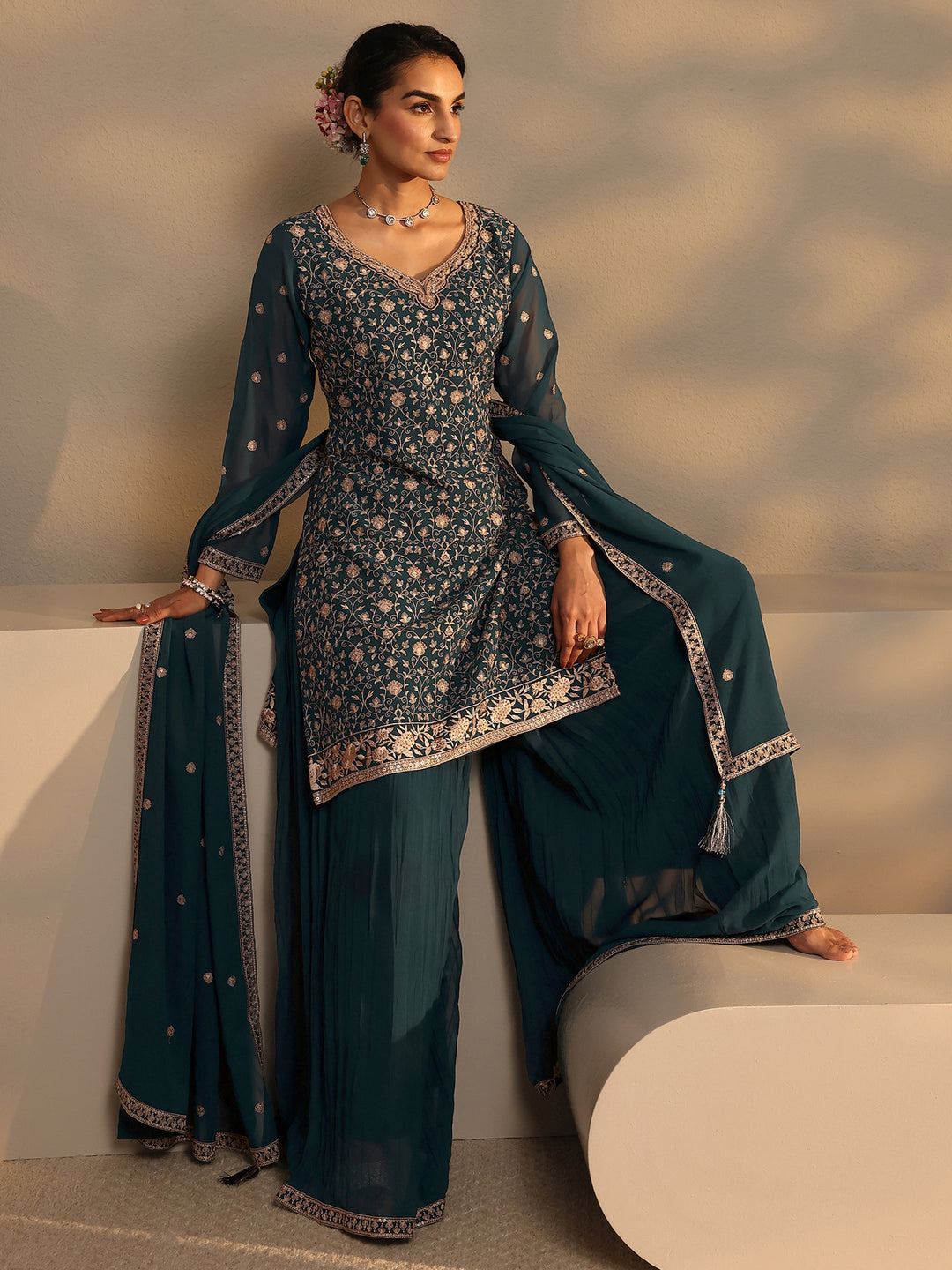 Libas Art Teal Embroidered Georgette Straight Suit Set With Dupatta