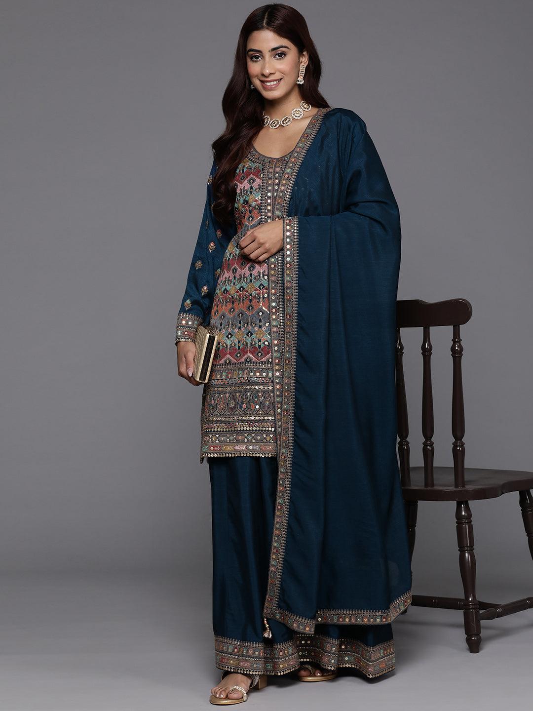 Libas Art Teal Embroidered Silk Blend Straight Suit With Dupatta