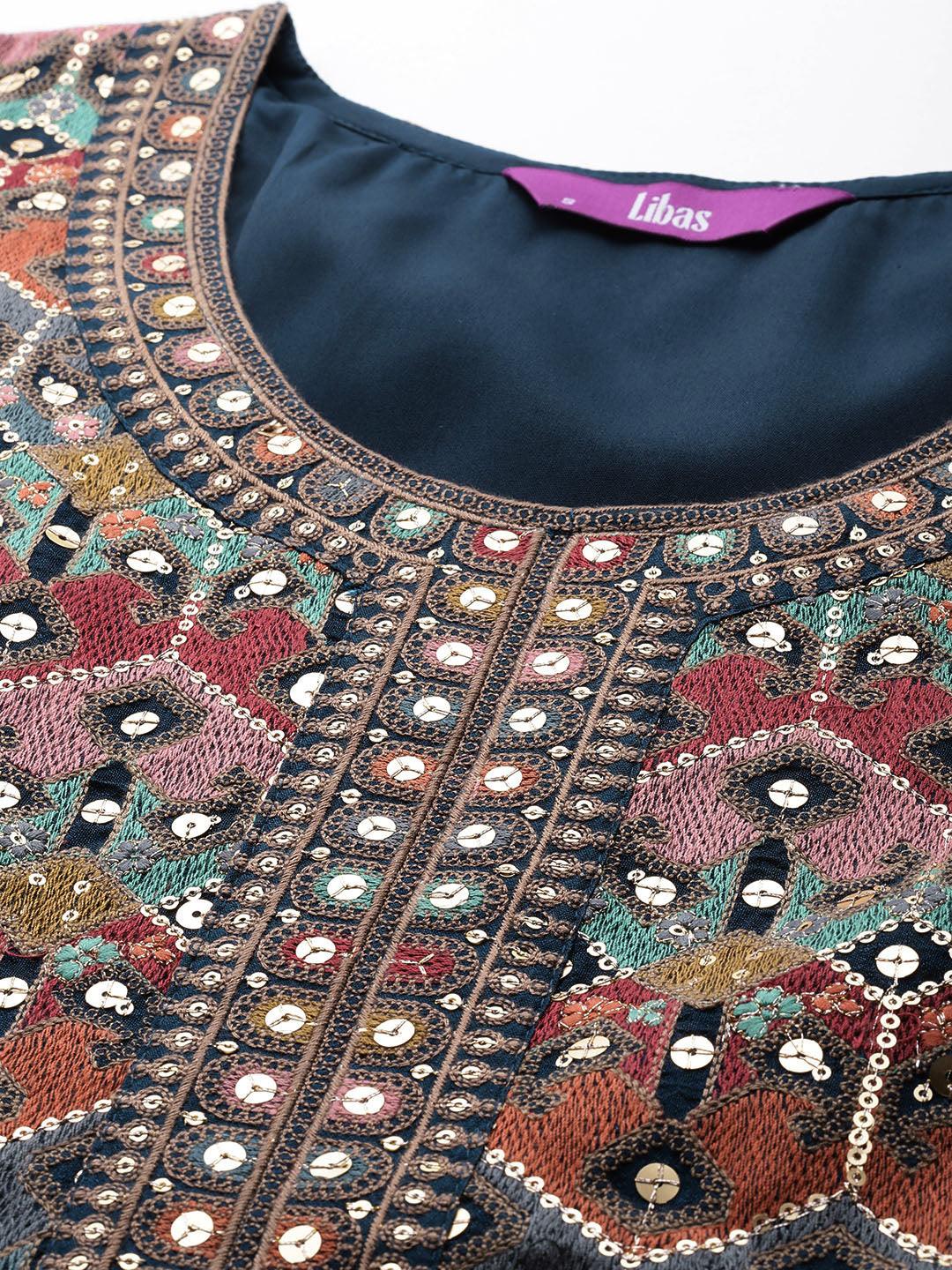 Libas Art Teal Embroidered Silk Blend Straight Kurta With Palazzos & Dupatta - Libas