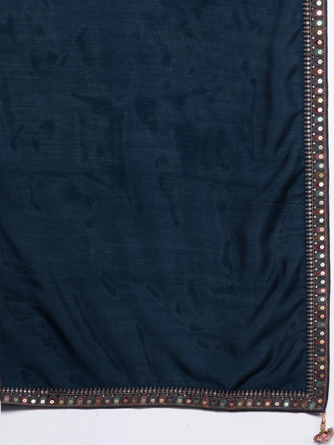 Libas Art Teal Embroidered Silk Blend Straight Kurta With Palazzos & Dupatta - Libas