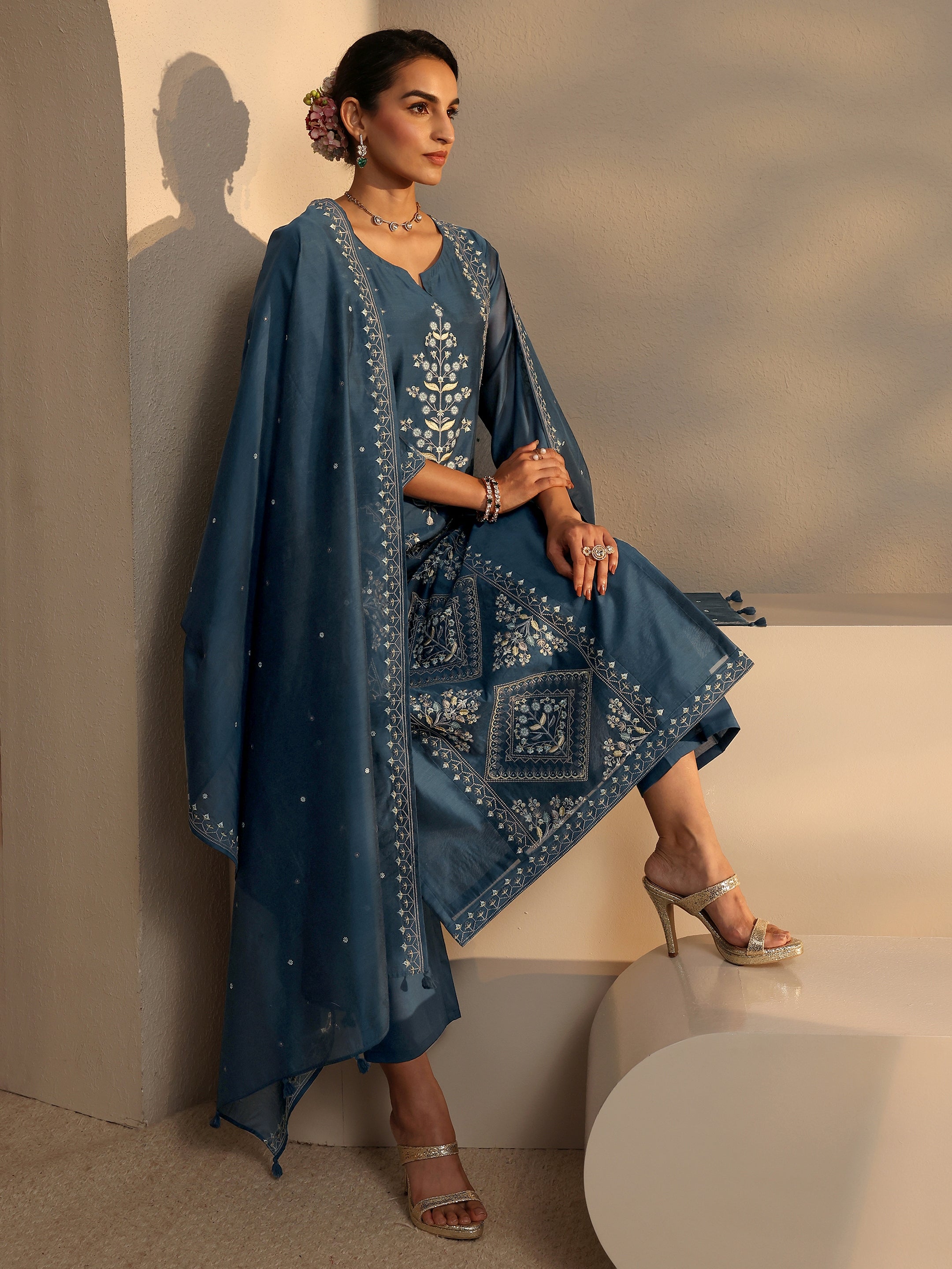 Libas Art Teal Embroidered Silk Blend Straight Suit Set With Dupatta-picture-26