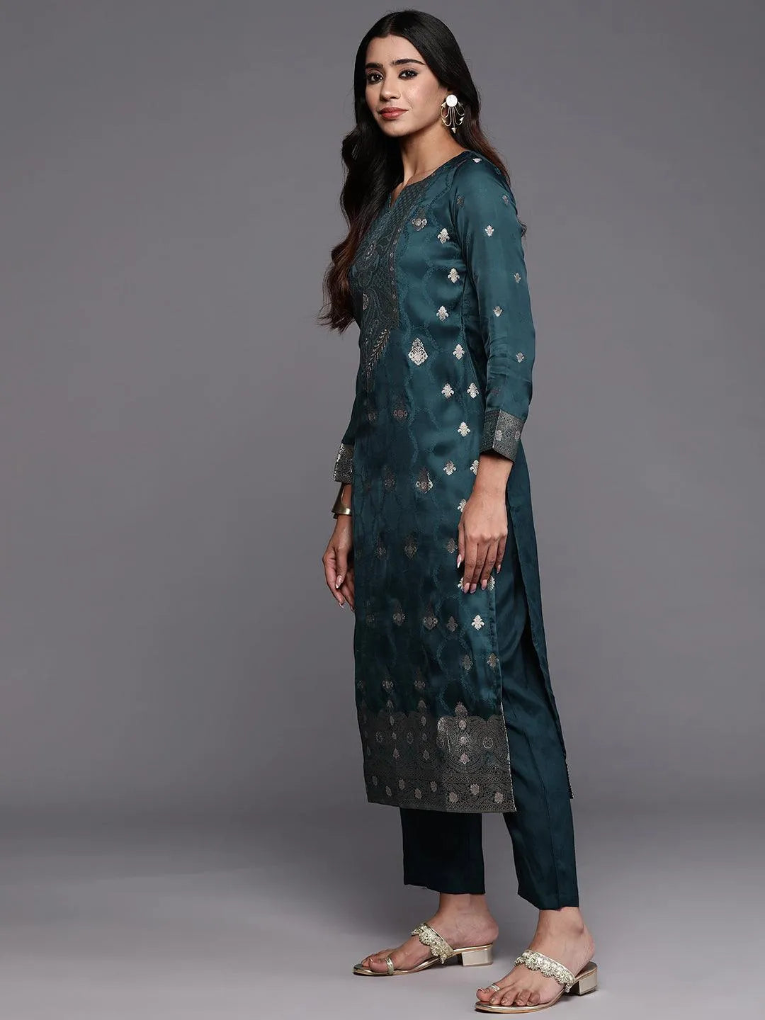 Libas Art Teal Embroidered Silk Straight Kurta With Trousers & Dupatta - Libas