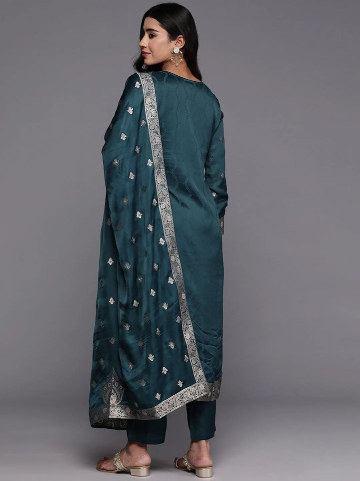 Libas Art Teal Embroidered Silk Straight Kurta With Trousers & Dupatta - Libas