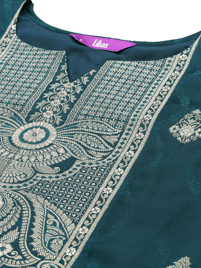 Libas Art Teal Embroidered Silk Straight Kurta With Trousers & Dupatta - Libas