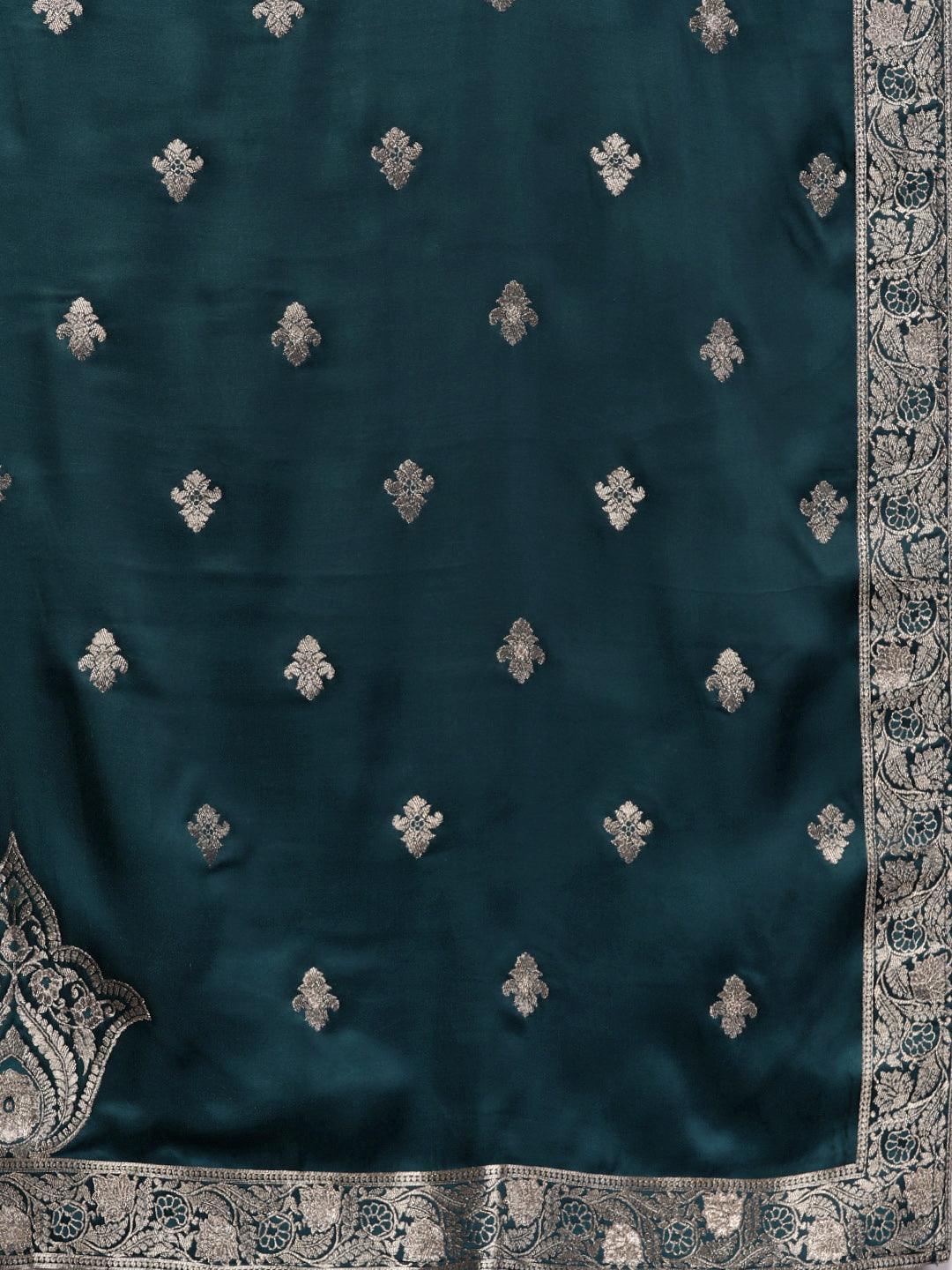 Libas Art Teal Embroidered Silk Straight Suit With Dupatta
