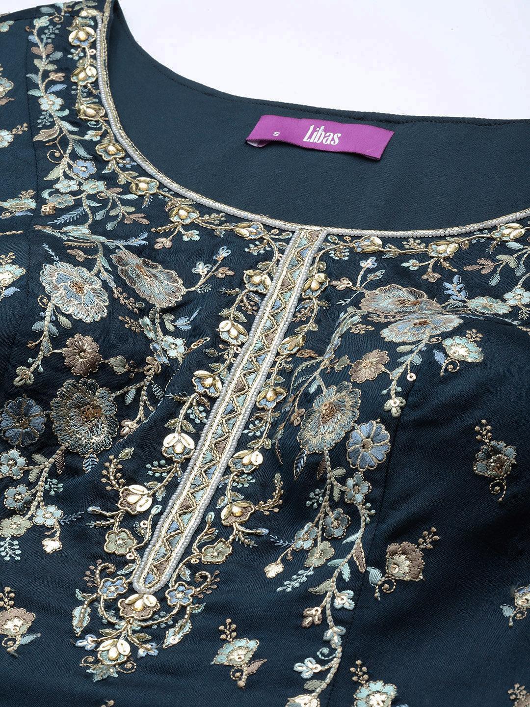 Libas Art Teal Embroidered Silk Straight Suit Set - Libas