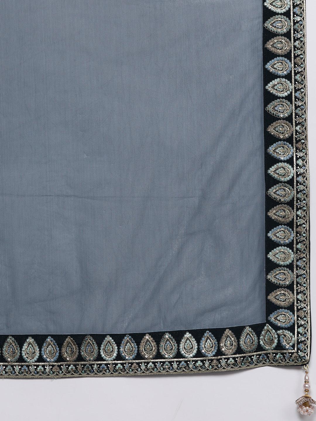 Libas Art Teal Embroidered Silk Straight Suit Set