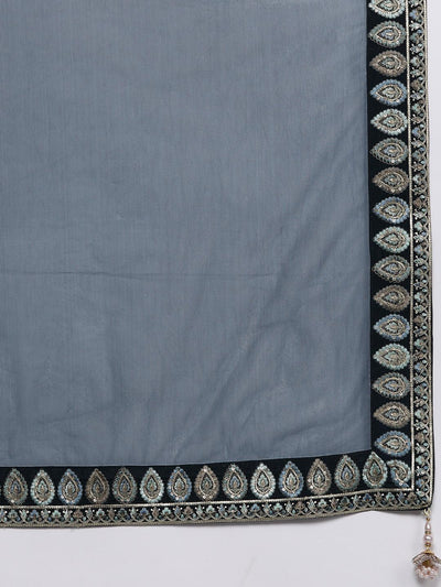 Libas Art Teal Embroidered Silk Straight Suit Set - Libas