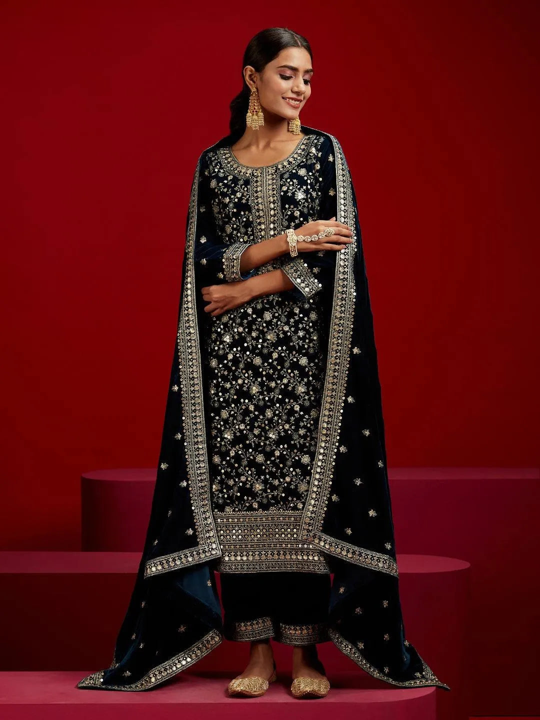 Libas Art Teal Embroidered Velvet Straight Kurta With Trousers & Dupatta - Libas 