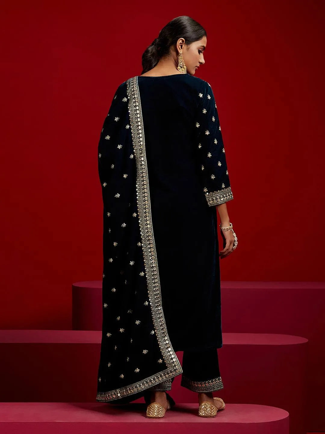 Libas Art Teal Embroidered Velvet Straight Kurta With Trousers & Dupatta - Libas 