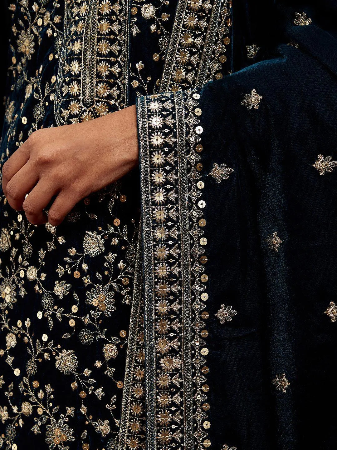 Libas Art Teal Embroidered Velvet Straight Kurta With Trousers & Dupatta - Libas 