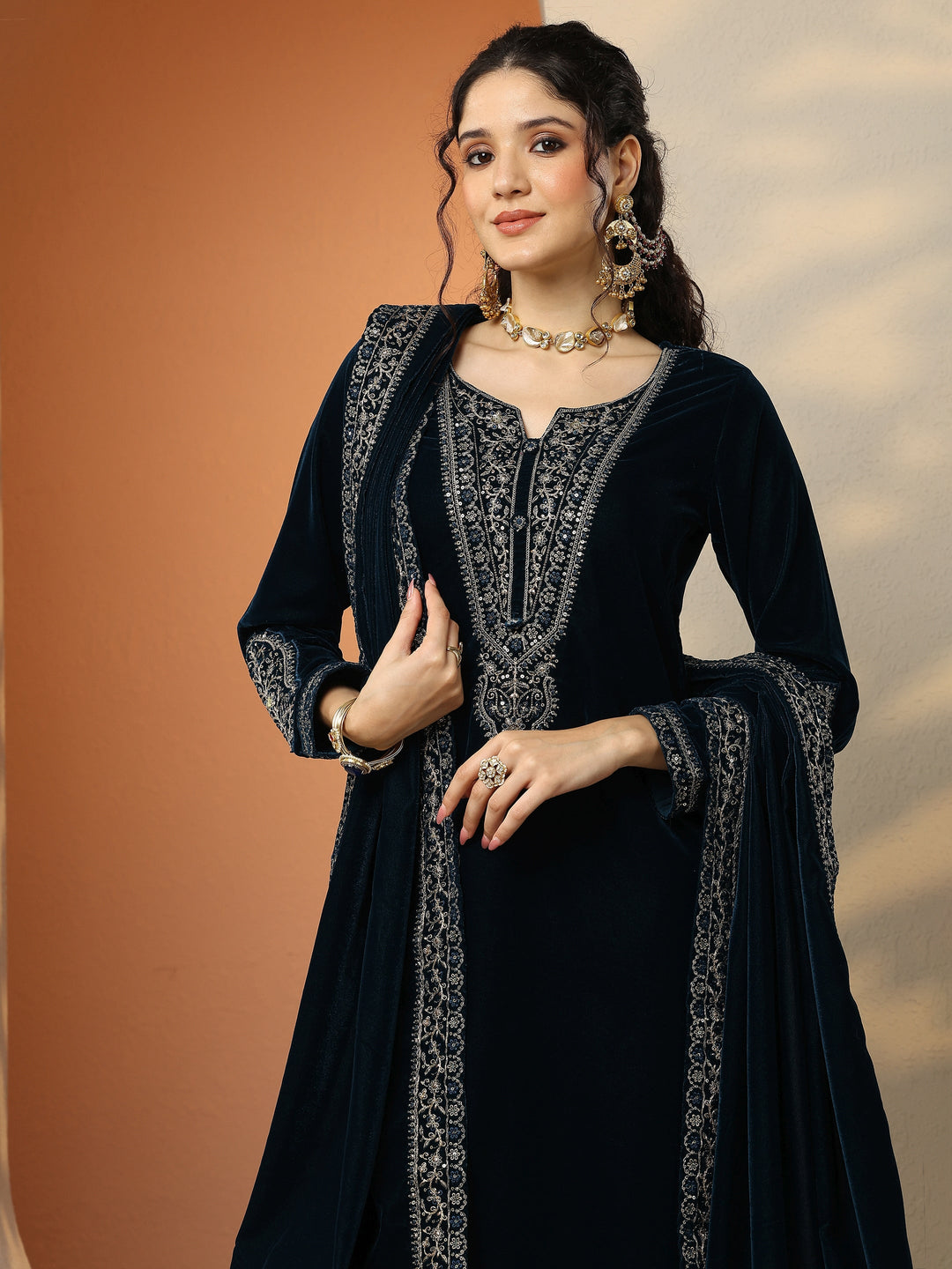  Libas Art Teal Embroidered Velvet Straight Suit Set With Dupatta 