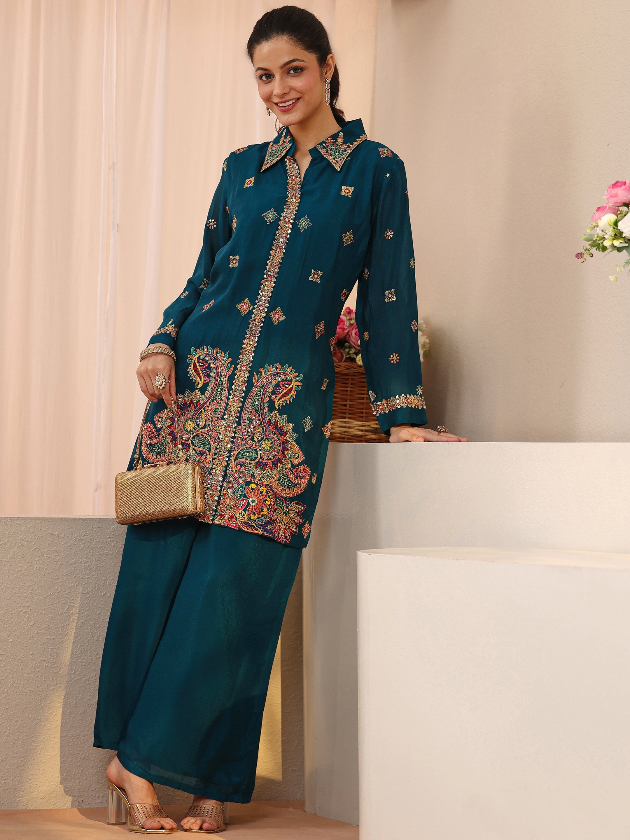 Libas Art Teal Ethnic Embroidered Chinon Co-Ord Set-picture-26