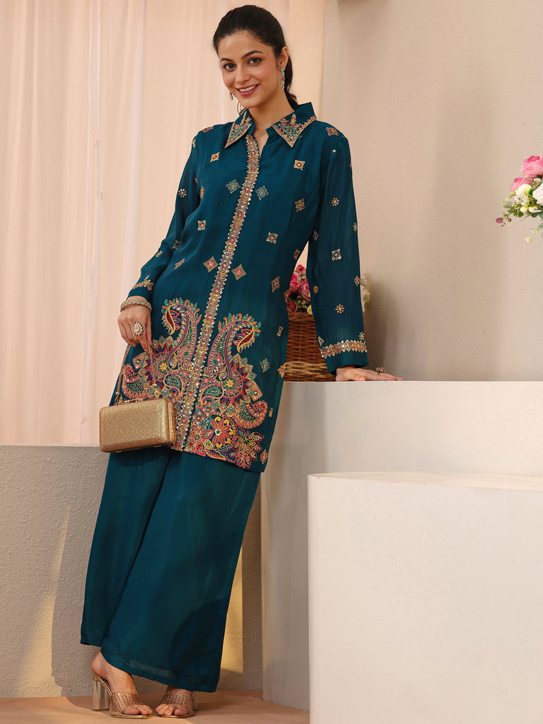Libas Art Teal Ethnic Embroidered Chinon Co-Ord Set