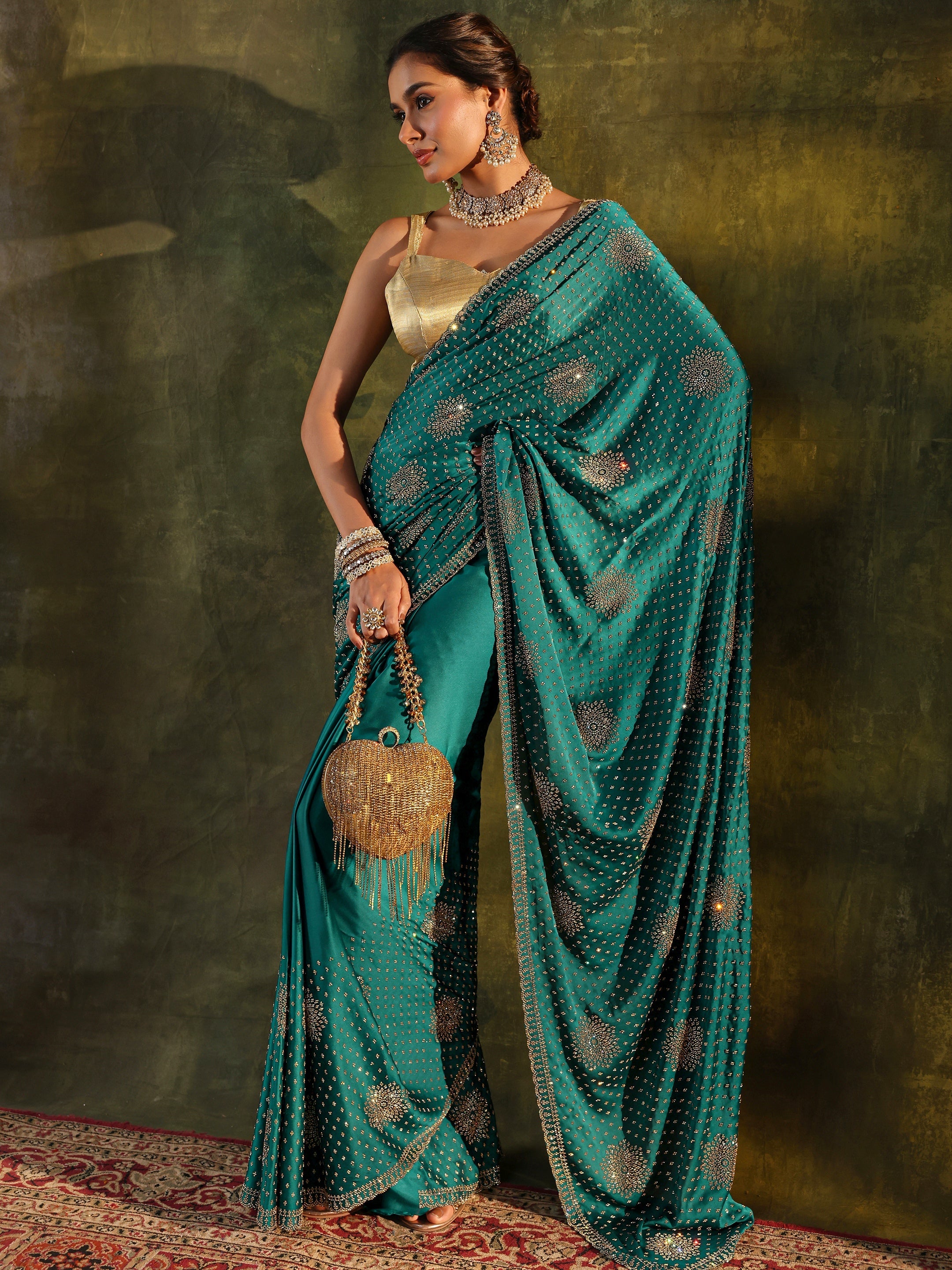 Libas Art Teal Floral Embellished Satin Saree With Unstitched Blouse Piece-picture-36