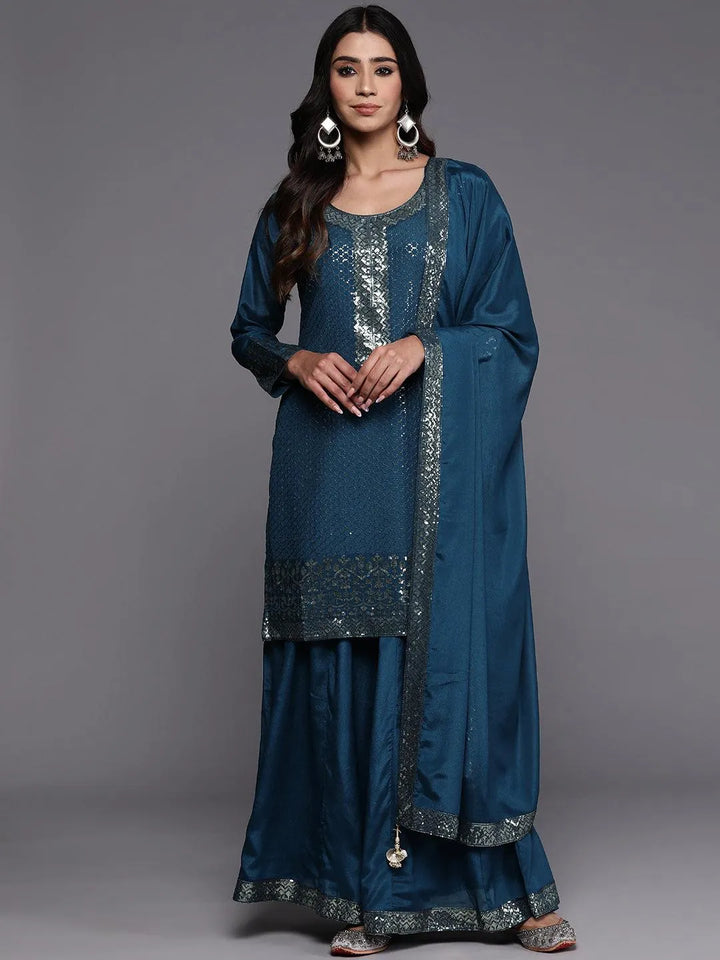 Libas Art Teal Self Design Georgette Straight Kurta With Palazzos & Dupatta - Libas