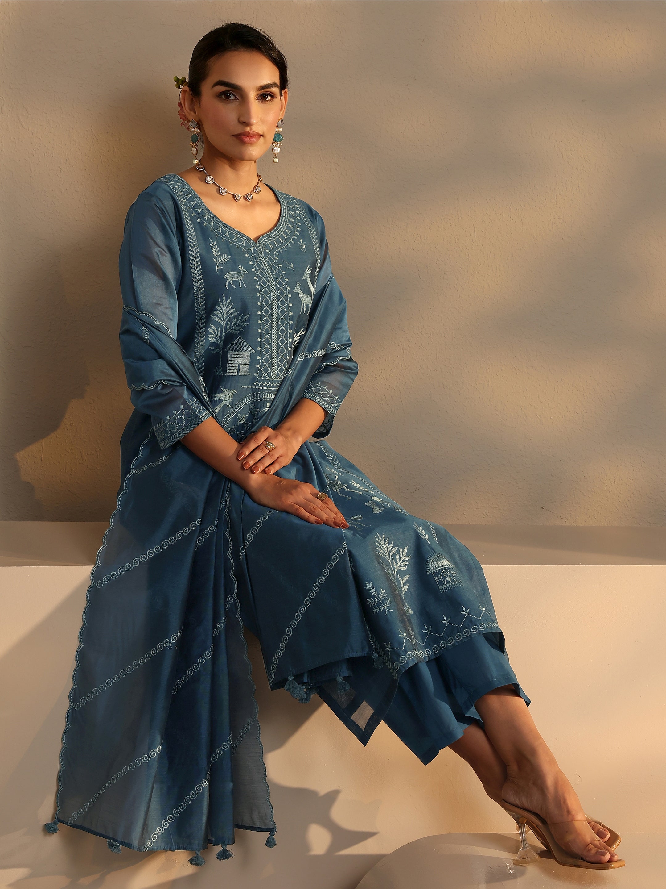Libas Art Teal Warli Embroidered Silk Blend Straight Suit Set With Dupatta-picture-29