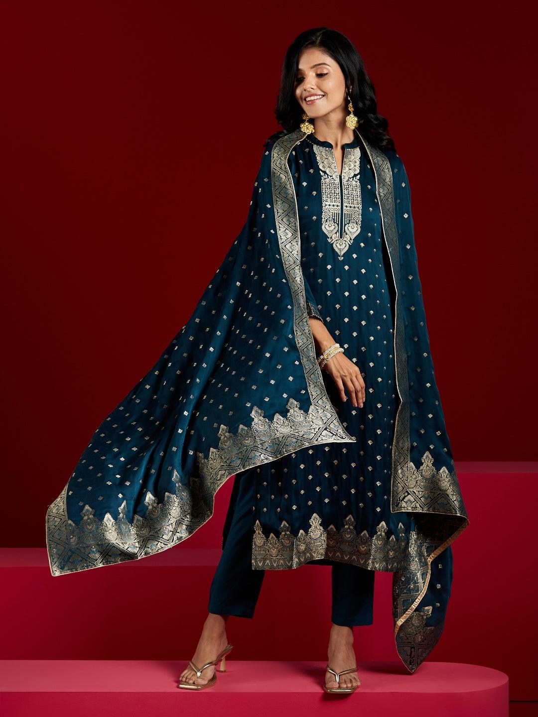 Libas Art Teal Woven Design Silk Straight Suit With Dupatta