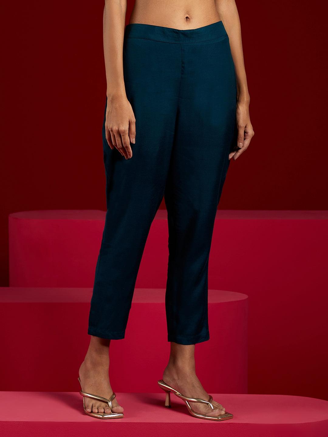 Libas Art Teal Woven Design Silk Straight Kurta With Trousers & Dupatta - Libas