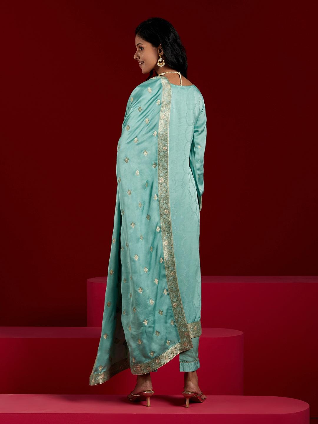 Libas Art Turquoise Self Design Silk Straight Kurta With Trousers & Dupatta - Libas
