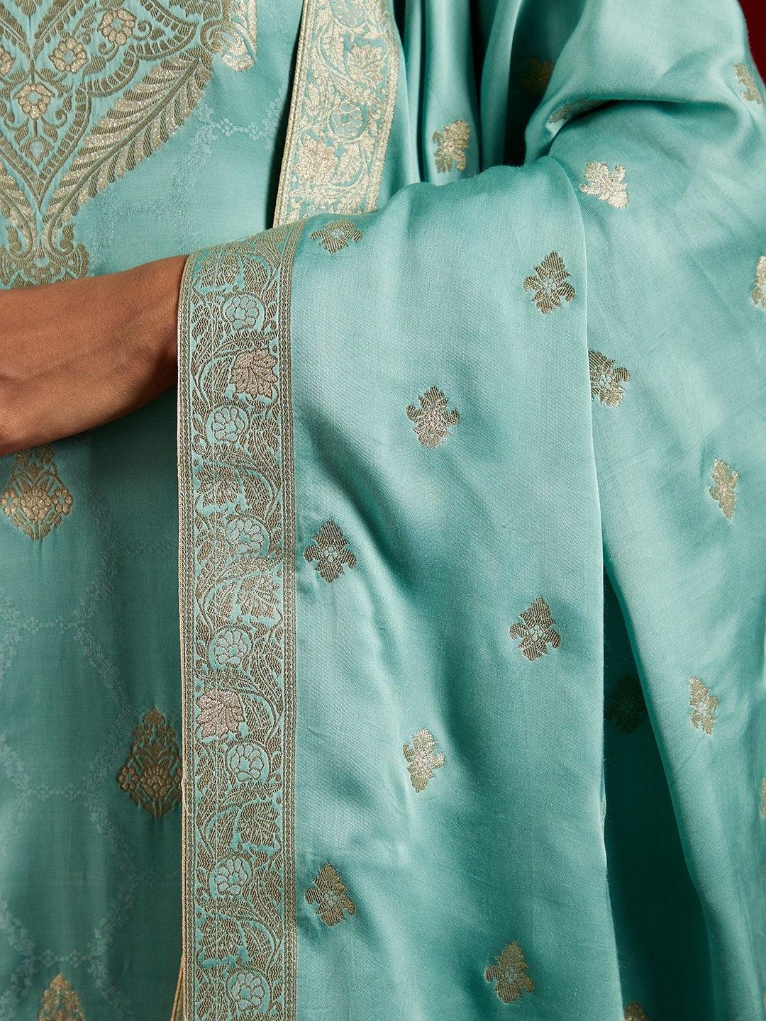 Libas Art Turquoise Self Design Silk Straight Kurta With Trousers & Dupatta - Libas