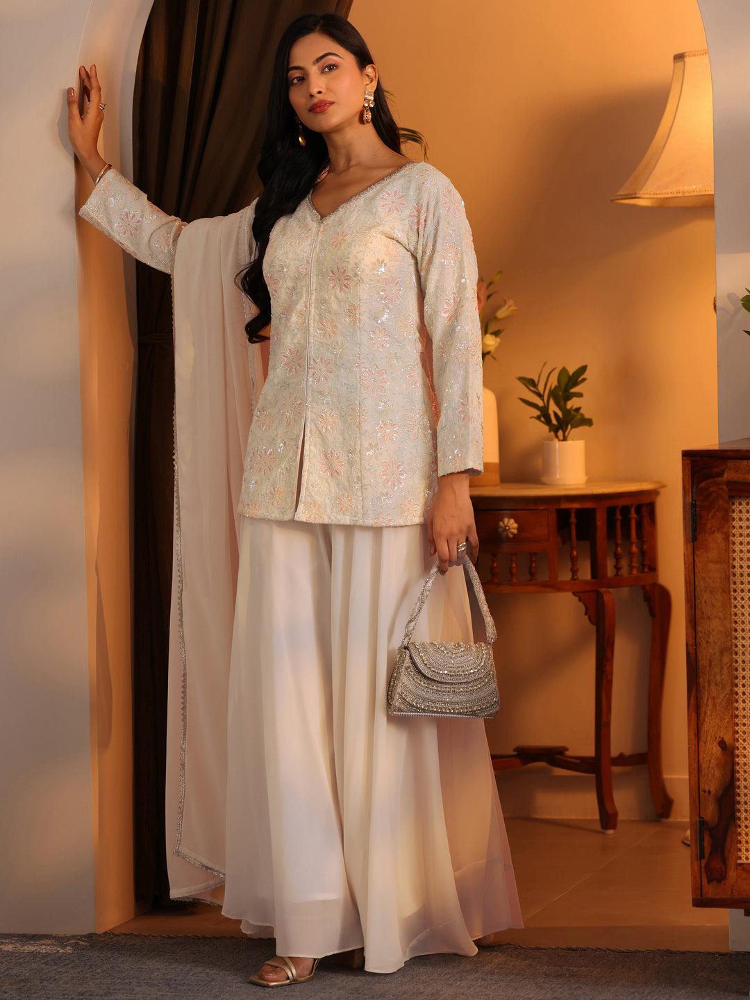 Libas Art White Embroidered Georgette Straight Suit Set With Dupatta