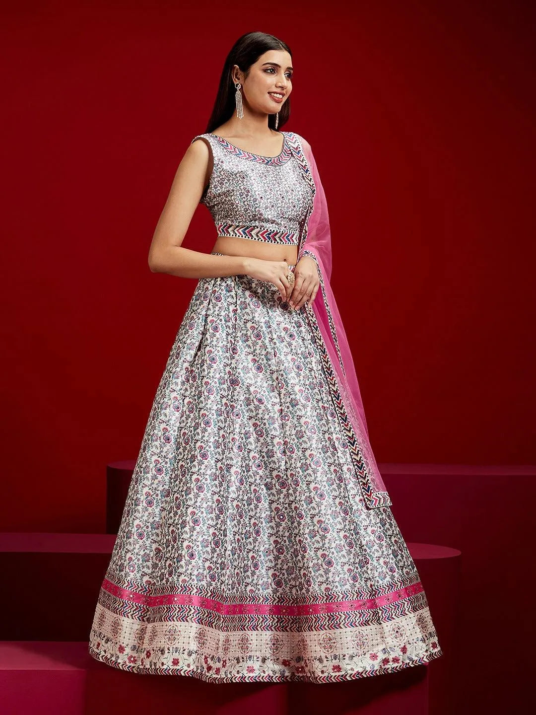 Libas Art White Printed Silk Blend Lehenga Set - Libas 