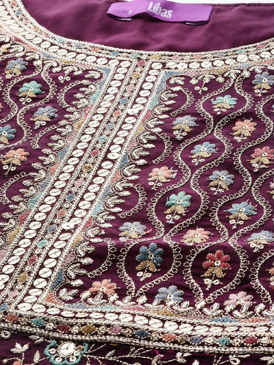 Libas Art Wine Embroidered Silk Blend Straight Kurta With Trousers & Dupatta - Libas