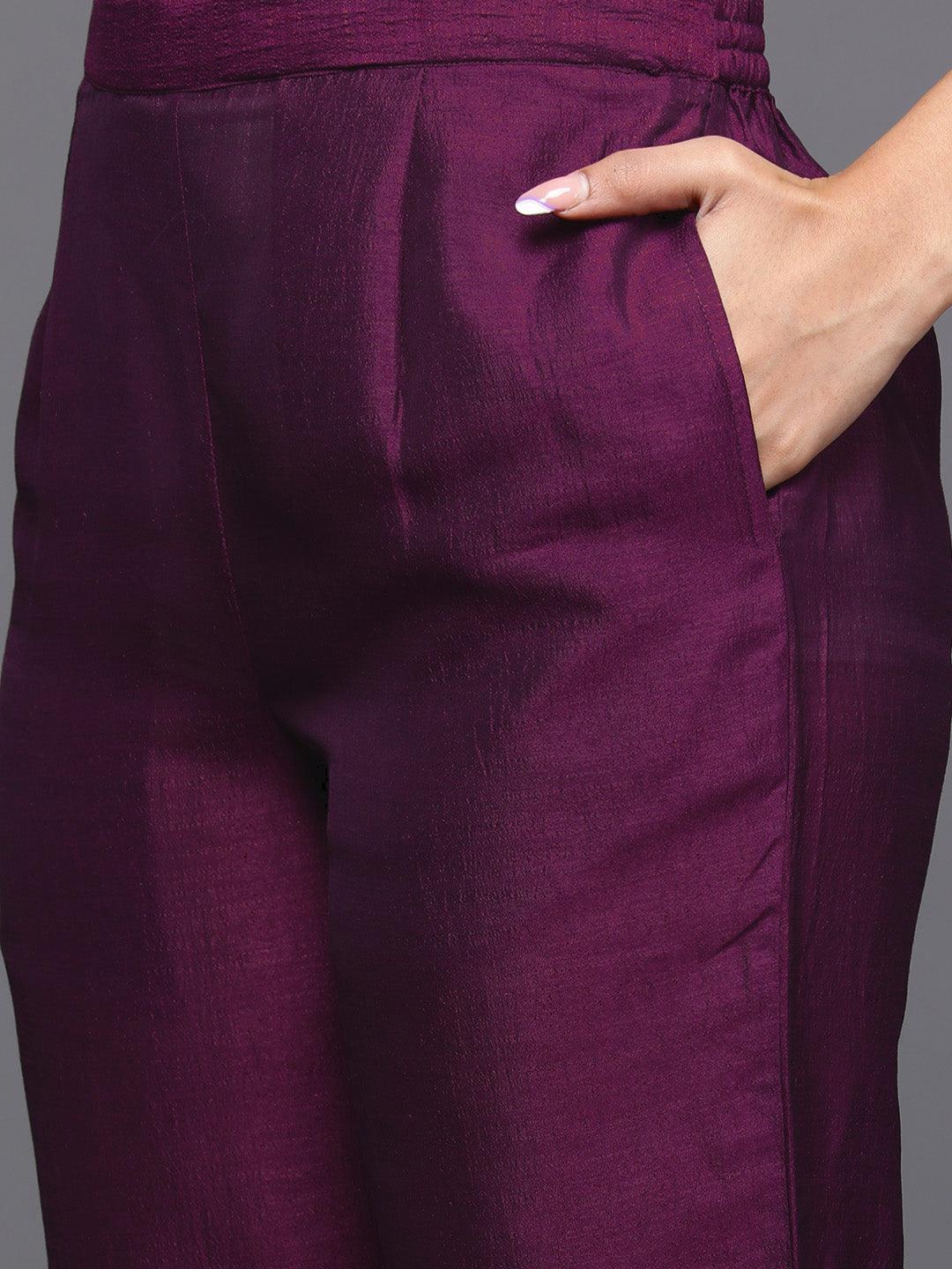 Libas Art Wine Embroidered Silk Blend Straight Kurta With Trousers & Dupatta - Libas