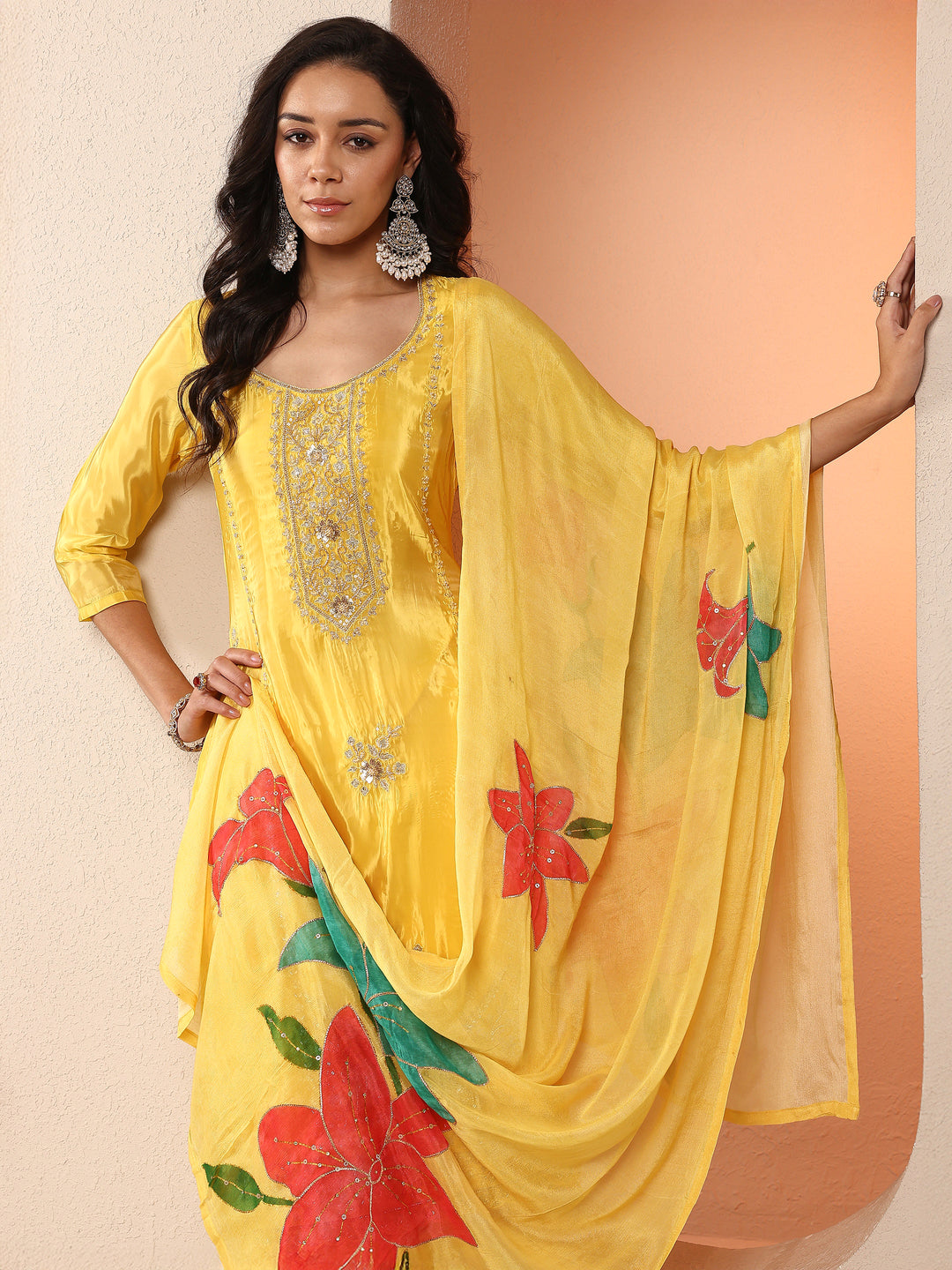 Libas Art Yellow Embroidered Crepe Straight Suit Set With Dupatta