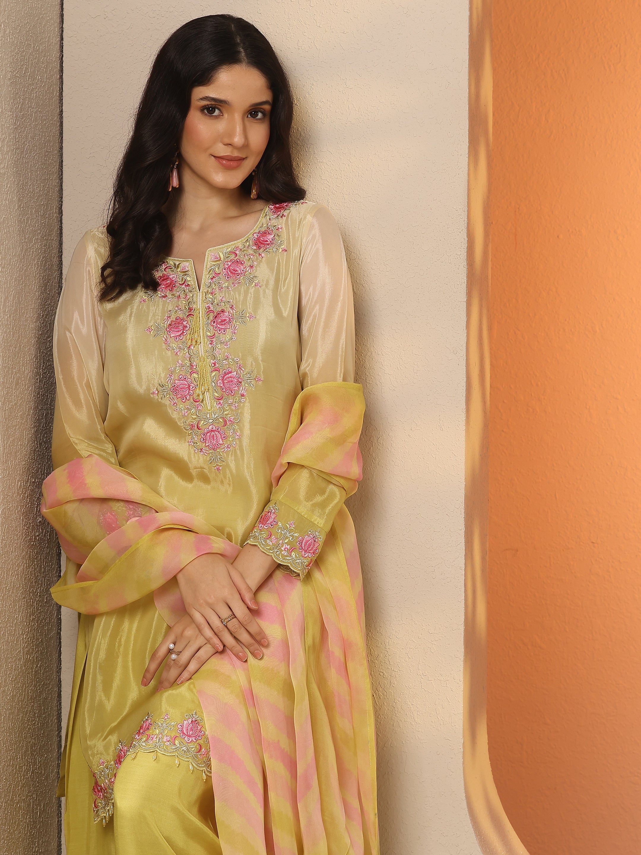 libas Yellow Embroidered Crepe Straight Suit Set With Dupatta-picture-27